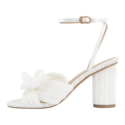 Pleated Bow Cylindrical Chunky Heel Sandals - Onlymaker