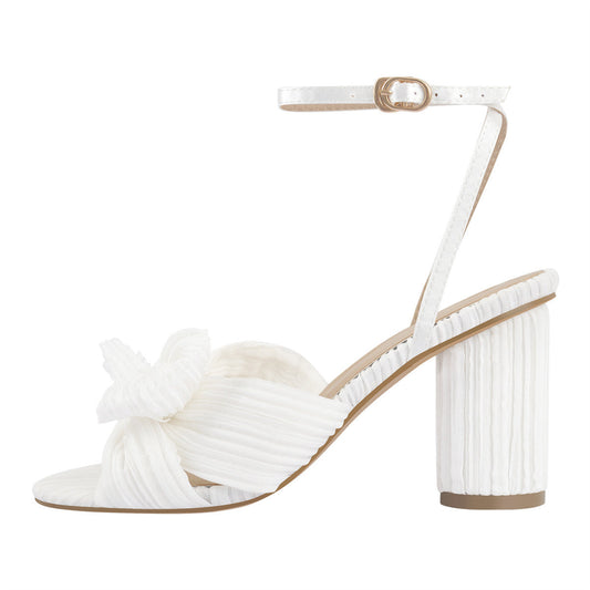 Pleated Bow Cylindrical Chunky Heel Sandals - Onlymaker