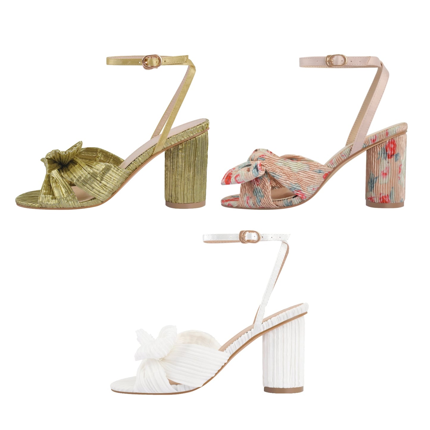 Pleated Bow Cylindrical Chunky Heel Sandals - Onlymaker