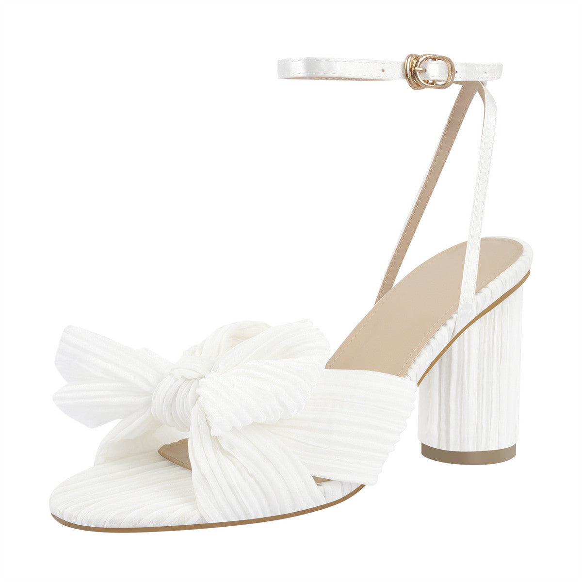 Pleated Bow Cylindrical Chunky Heel Sandals - Onlymaker