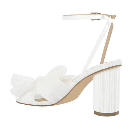 Pleated Bow Cylindrical Chunky Heel Sandals - Onlymaker