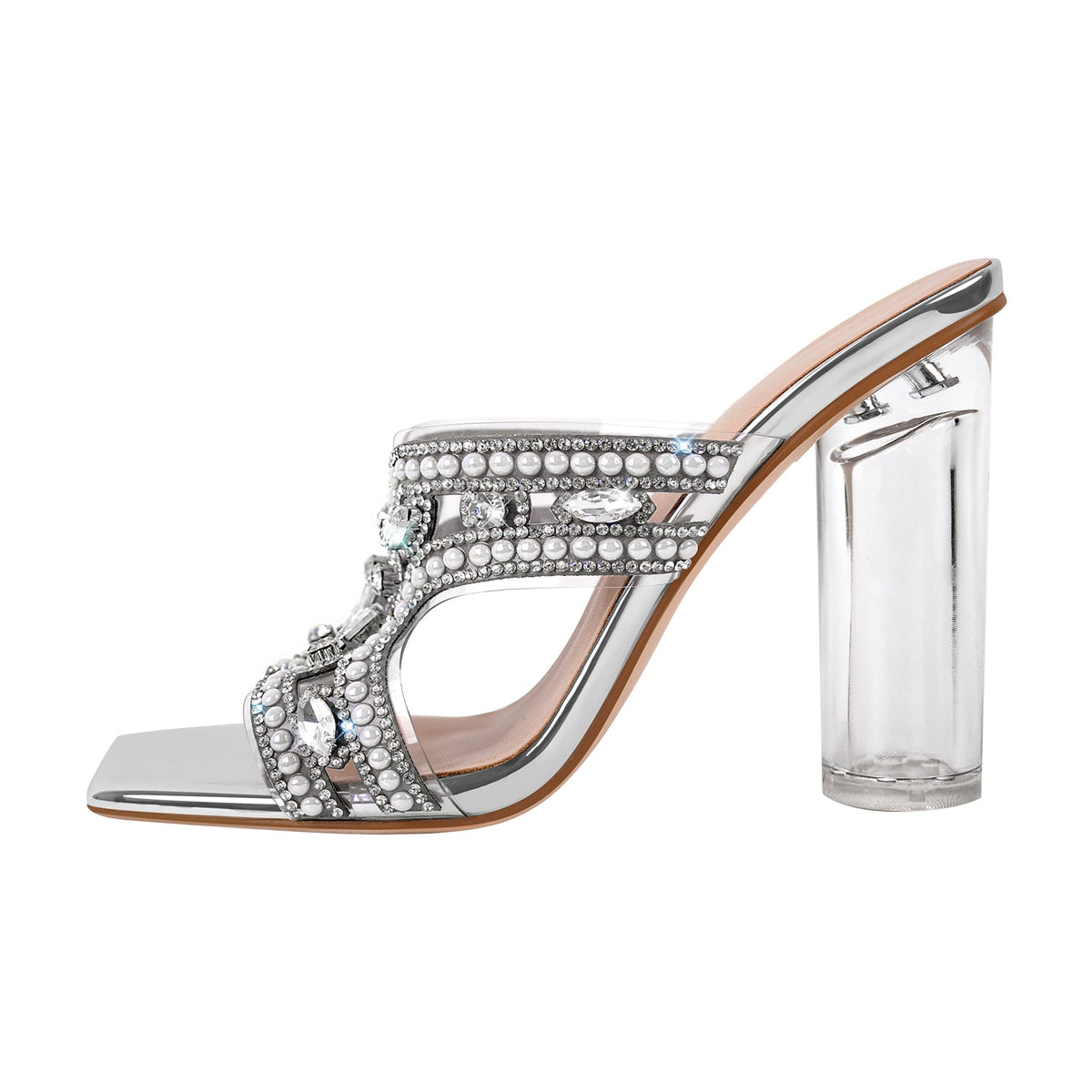 Pearl Rhinestone Square Toe Chunky Heel Sandals - Onlymaker