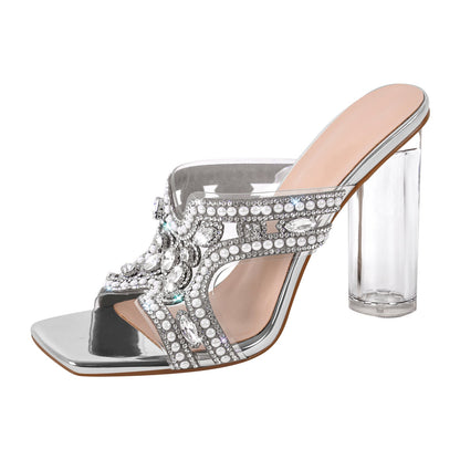 Pearl Rhinestone Square Toe Chunky Heel Sandals - Onlymaker