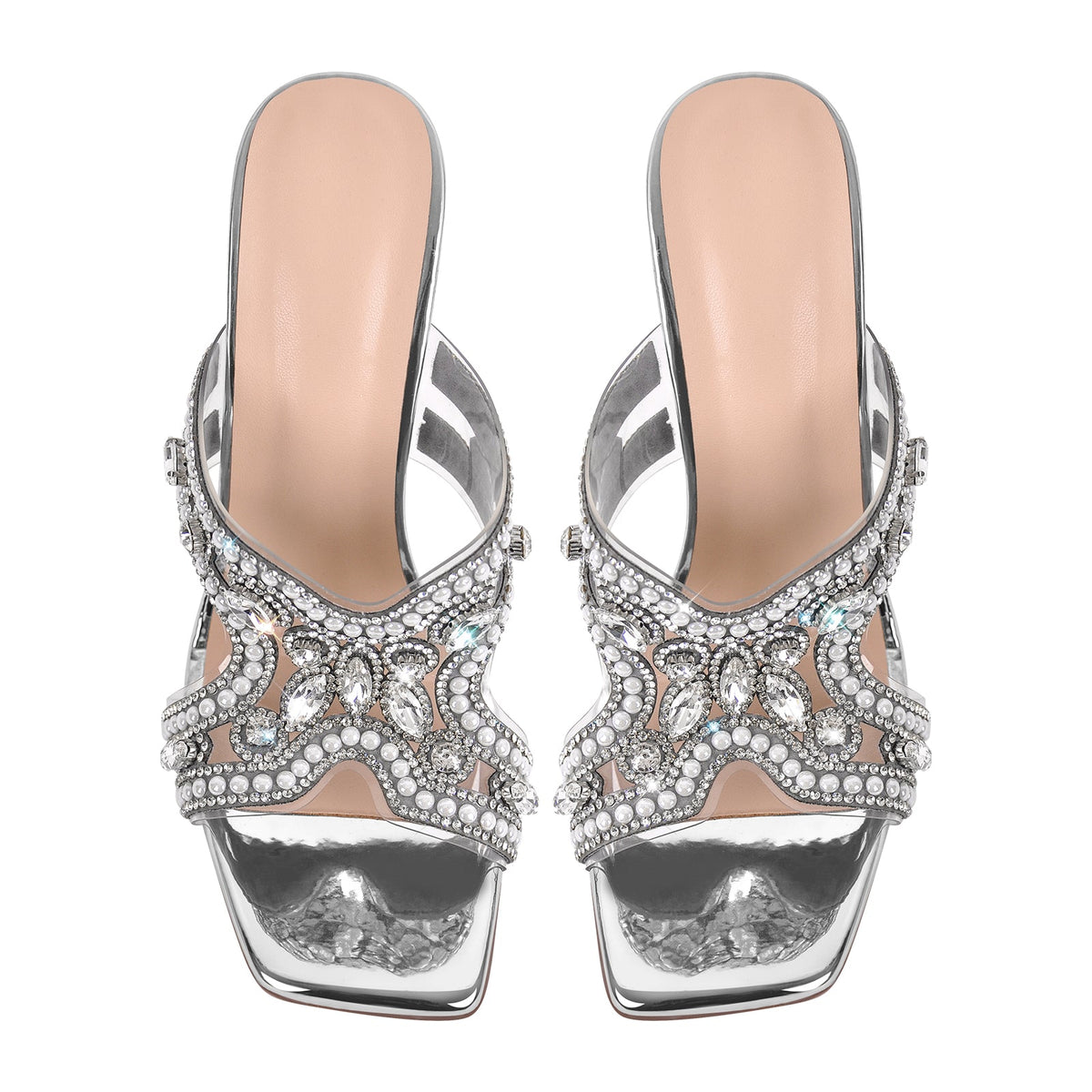 Pearl Rhinestone Square Toe Chunky Heel Sandals - Onlymaker