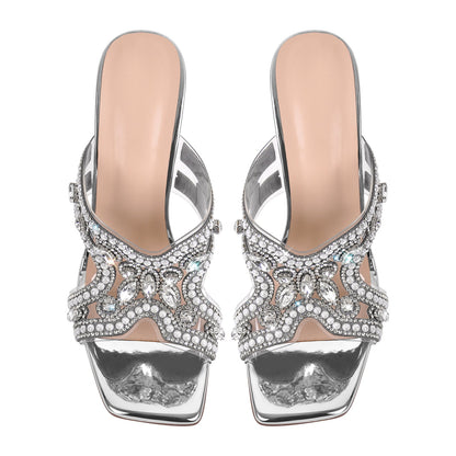 Pearl Rhinestone Square Toe Chunky Heel Sandals - Onlymaker