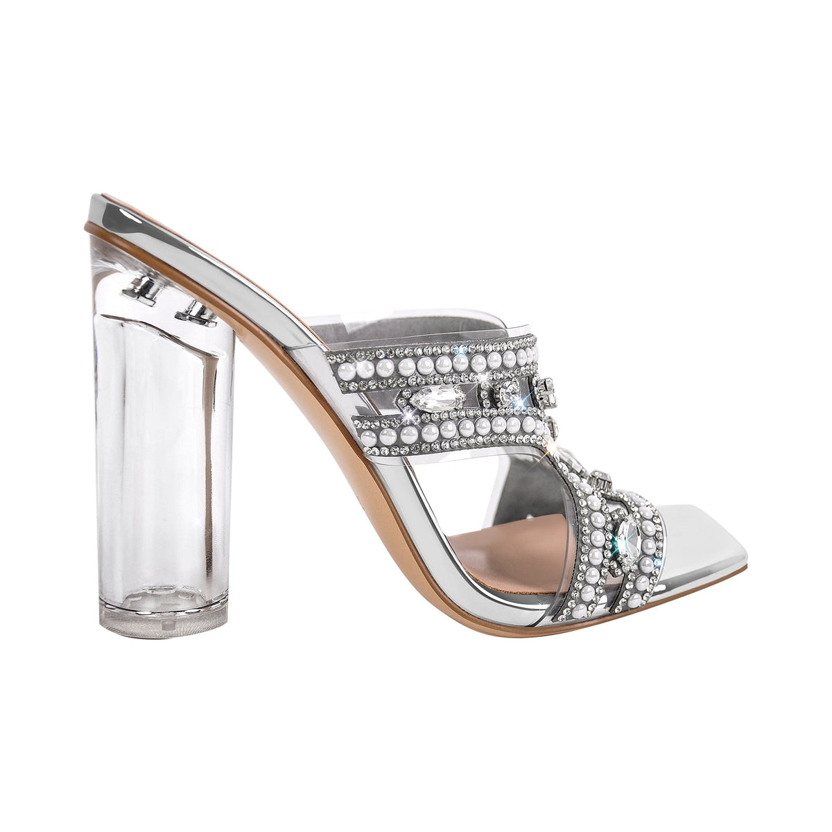 Pearl Rhinestone Square Toe Chunky Heel Sandals - Onlymaker