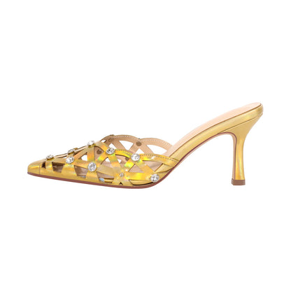 Rhinestone Pointed Toe Hollow Mules Sandals - Onlymaker