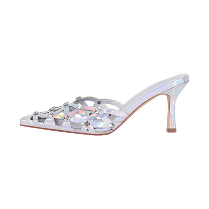 Rhinestone Pointed Toe Hollow Mules Sandals - Onlymaker