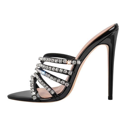 Rhinestone Pointed Toe Strap Stiletto Sandals Mules - Onlymaker
