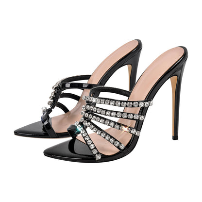 Rhinestone Pointed Toe Strap Stiletto Sandals Mules - Onlymaker