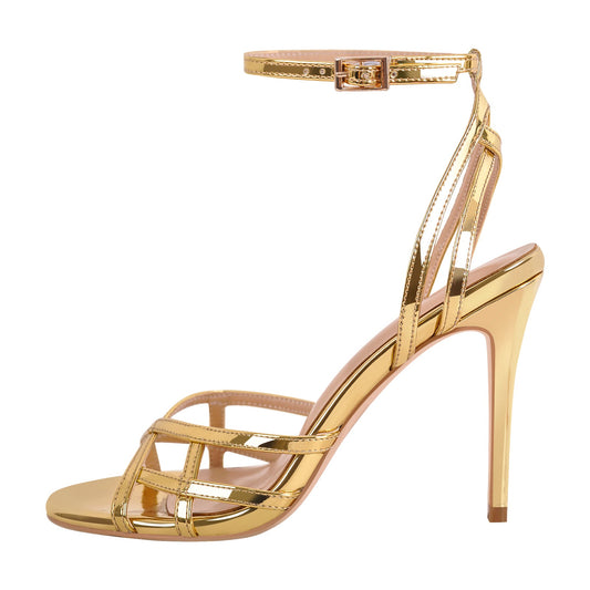 Gold Round Toe Ankle Strap Stiletto Sandals - Onlymaker