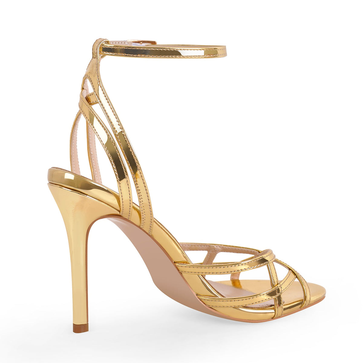 Gold Round Toe Ankle Strap Stiletto Sandals - Onlymaker