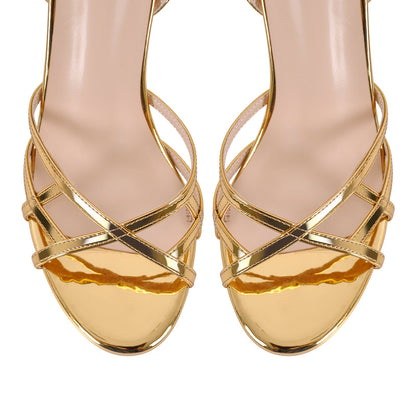 Gold Round Toe Ankle Strap Stiletto Sandals - Onlymaker