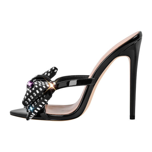 Rhinestone Pointed Toe Bow Stiletto Sandals Mules - Onlymaker