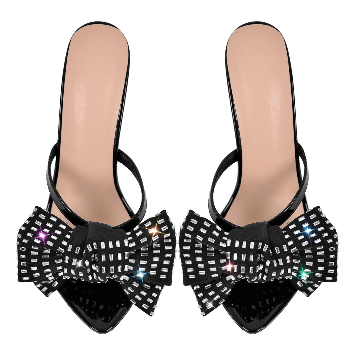 Rhinestone Pointed Toe Bow Stiletto Sandals Mules - Onlymaker