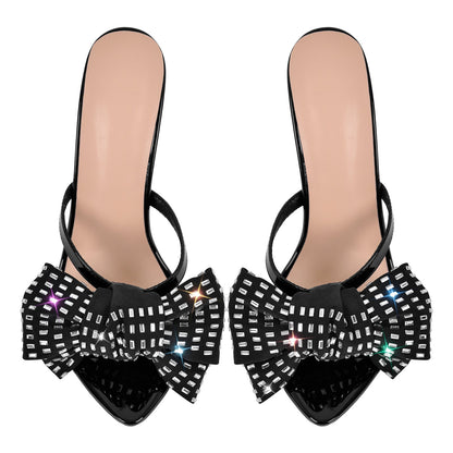Rhinestone Pointed Toe Bow Stiletto Sandals Mules - Onlymaker