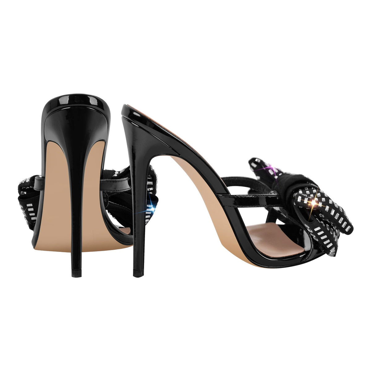 Rhinestone Pointed Toe Bow Stiletto Sandals Mules - Onlymaker