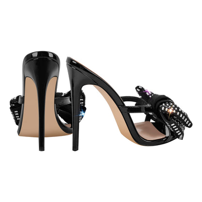 Rhinestone Pointed Toe Bow Stiletto Sandals Mules - Onlymaker