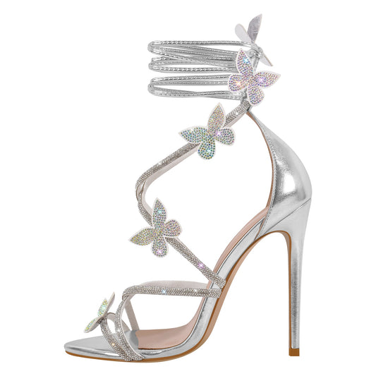Rhinestone Butterfly Pointed Toe Stiletto Sandals - Onlymaker