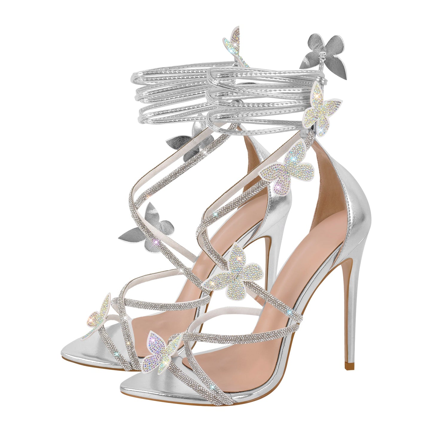 Rhinestone Butterfly Pointed Toe Stiletto Sandals - Onlymaker