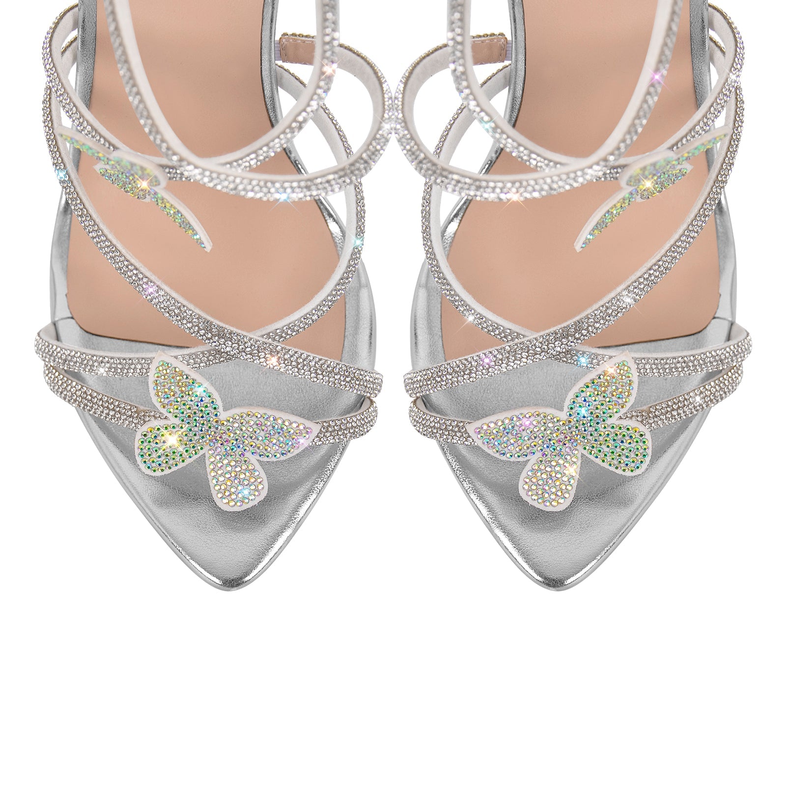 Rhinestone Butterfly Pointed Toe Stiletto Sandals - Onlymaker