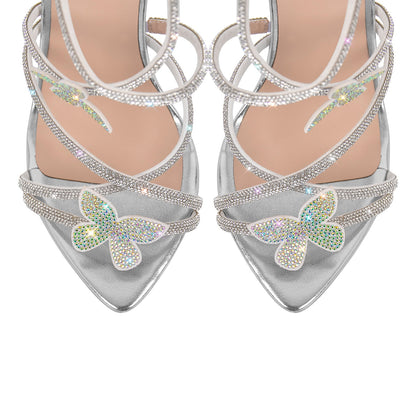 Rhinestone Butterfly Pointed Toe Stiletto Sandals - Onlymaker