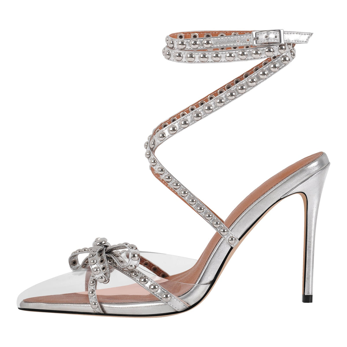 Bow Rivet Pointed Toe Cross Ankle Strap Pumps - Onlymaker
