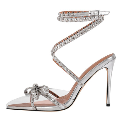 Bow Rivet Pointed Toe Cross Ankle Strap Pumps - Onlymaker