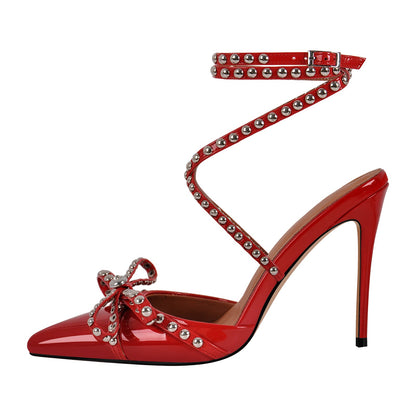Bow Rivet Pointed Toe Cross Ankle Strap Pumps - Onlymaker