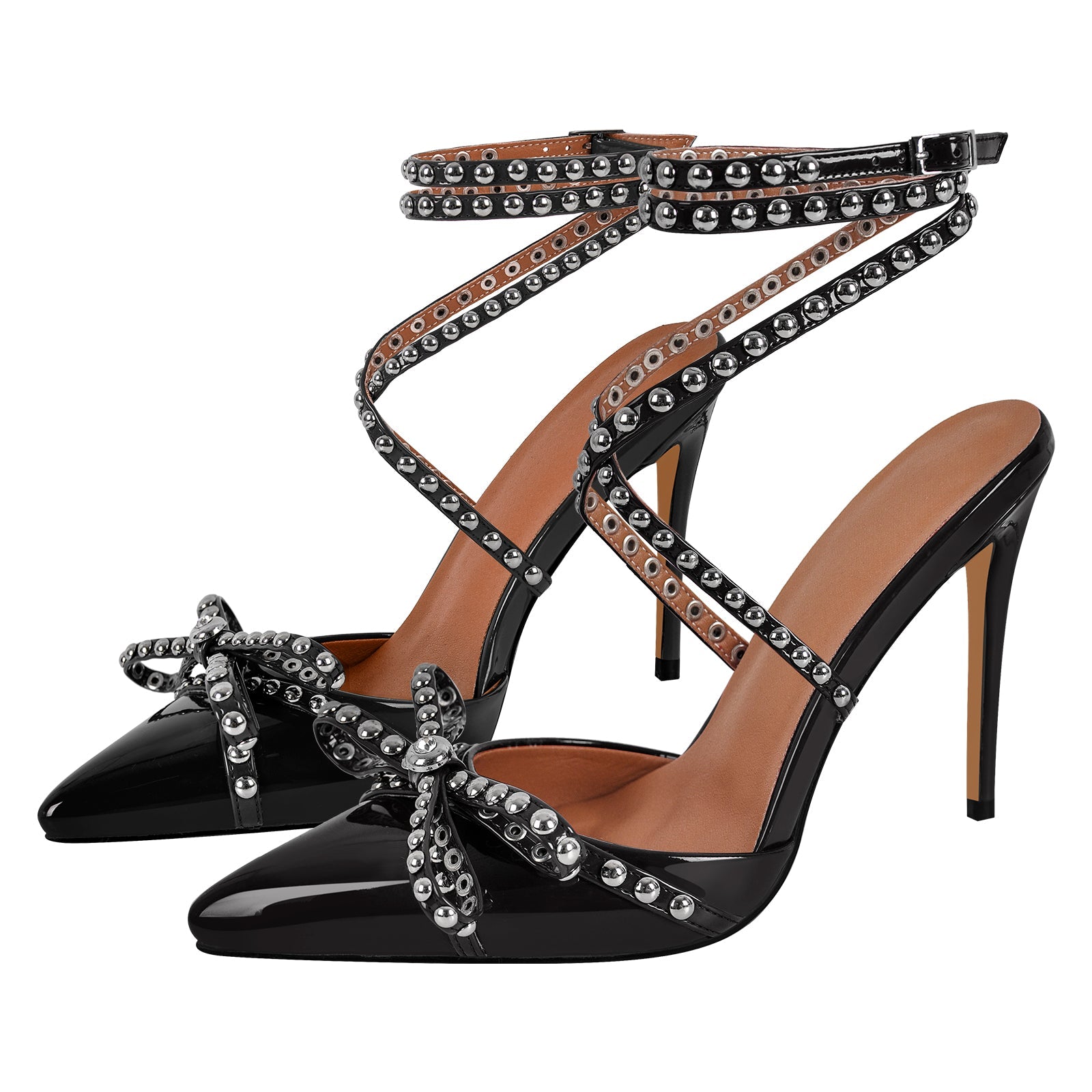 Bow Rivet Pointed Toe Cross Ankle Strap Pumps - Onlymaker