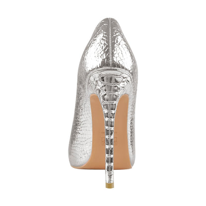 Silver Pointed Toe Stone High Heels Stiletto Pumps - Onlymaker