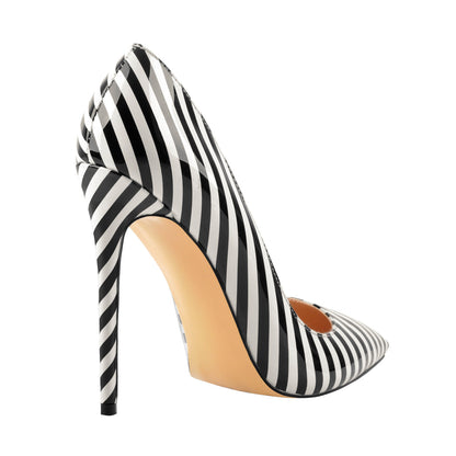 Black White Stripes Pointed Toe High Heel Pumps - Onlymaker