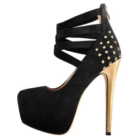 Round Toe Platform Metallic Rivet High Heel Pumps - Onlymaker