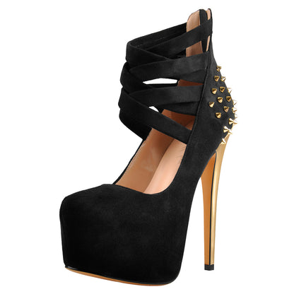 Round Toe Platform Metallic Rivet High Heel Pumps - Onlymaker