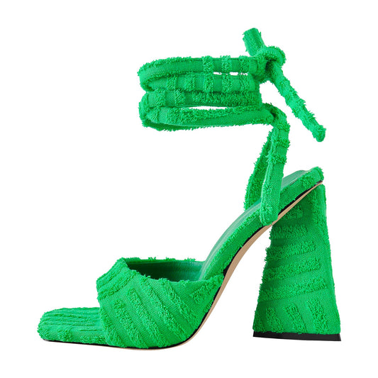 Square Toe Towelling Lace Up Chunky Heel Sandals - Onlymaker