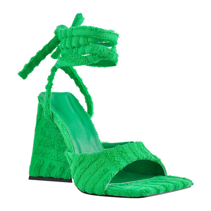 Square Toe Towelling Lace Up Chunky Heel Sandals - Onlymaker