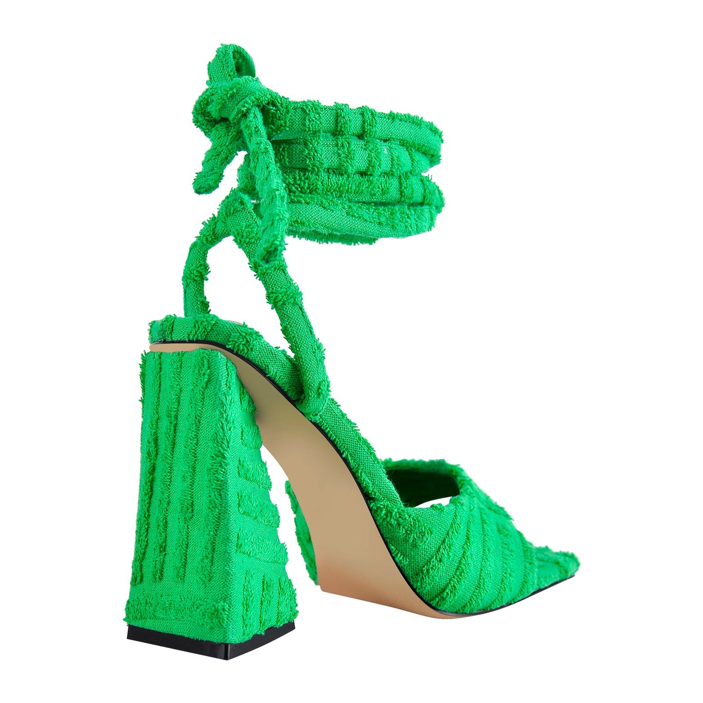 Square Toe Towelling Lace Up Chunky Heel Sandals - Onlymaker