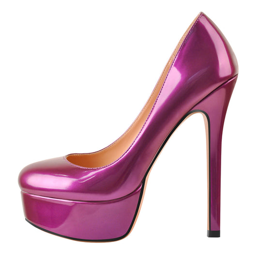 Round Toe Stiletto High Heel 3CM Platform Purple Slip On Pumps - Onlymaker