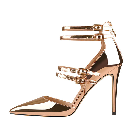 Golden Pointed Toe Double Buckle Strap High Heels Pumps - Onlymaker