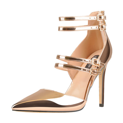 Golden Pointed Toe Double Buckle Strap High Heels Pumps - Onlymaker