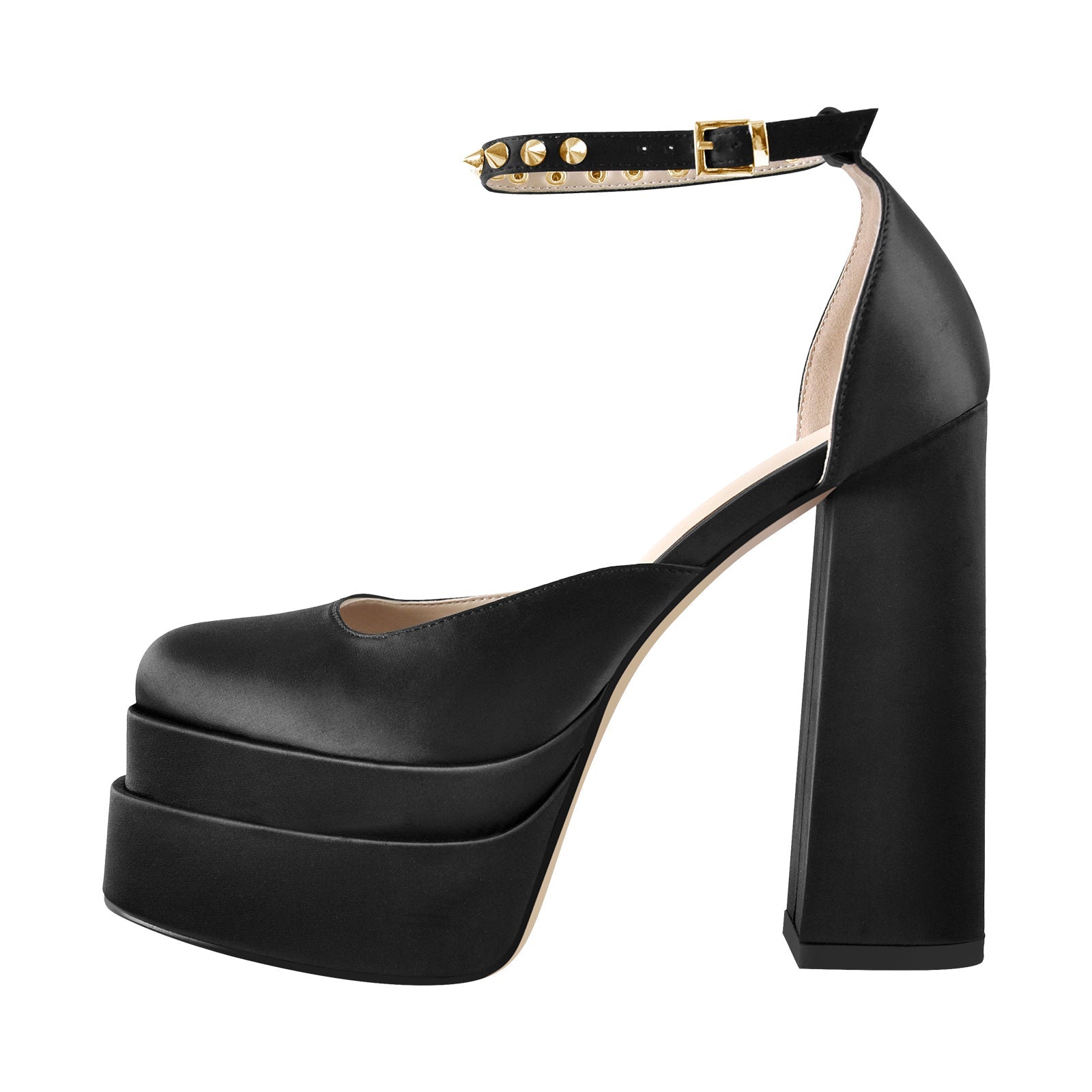 Double Platform Rivets Ankle Strap Chunky Heel D'Orsay Pumps - Onlymaker