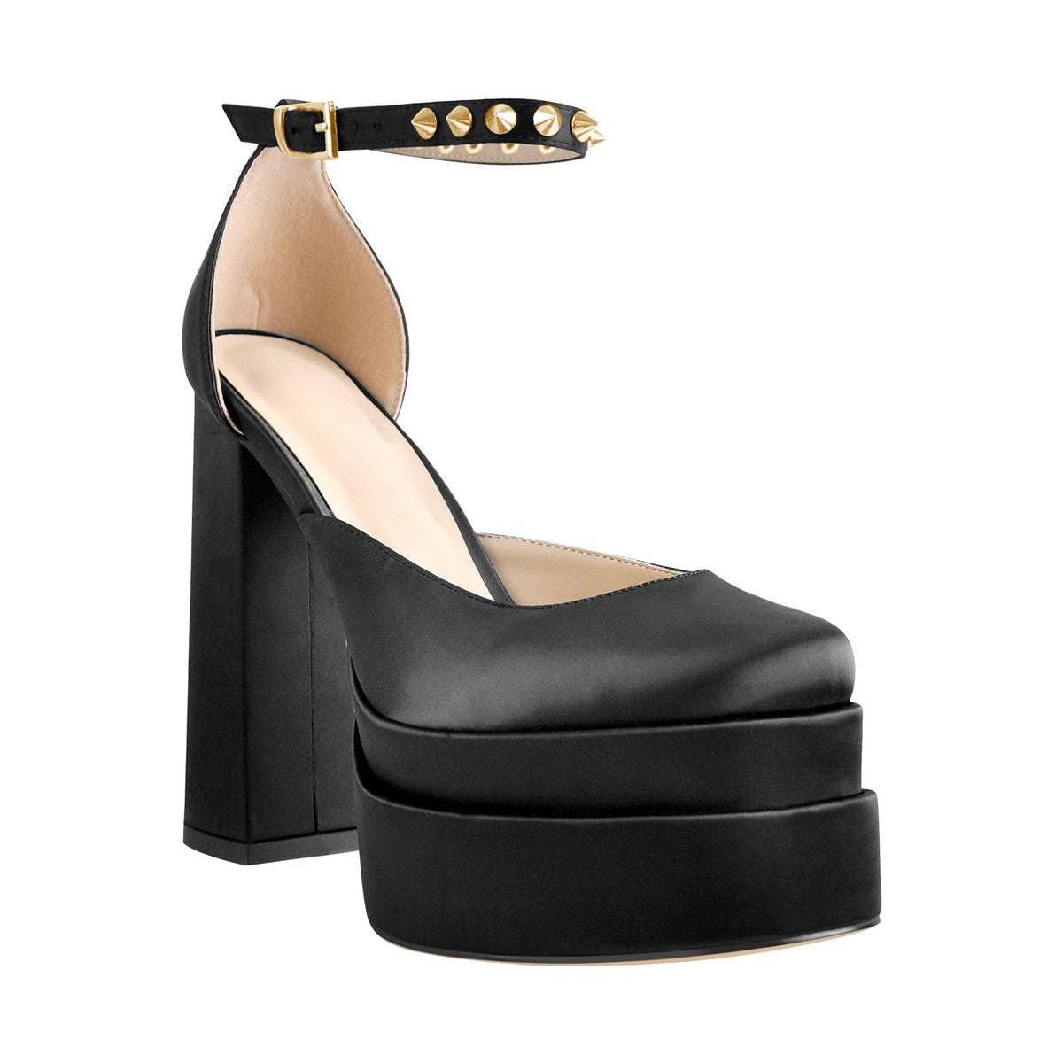Double Platform Rivets Ankle Strap Chunky Heel D'Orsay Pumps - Onlymaker