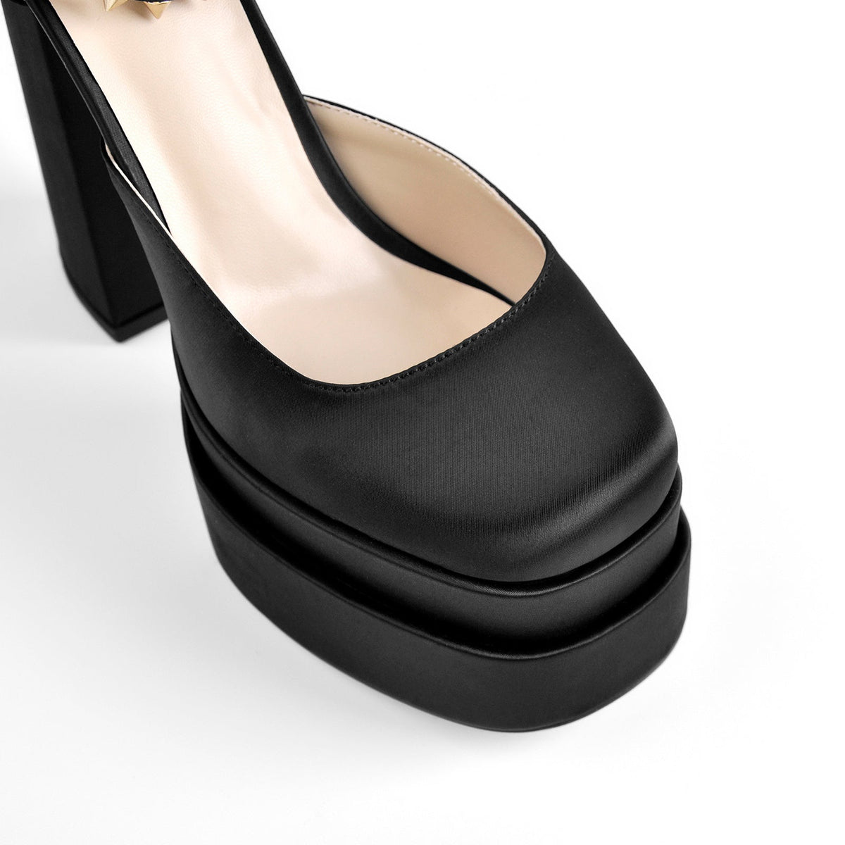 Double Platform Rivets Ankle Strap Chunky Heel D'Orsay Pumps - Onlymaker