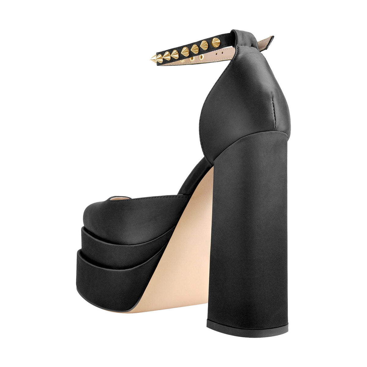 Double Platform Rivets Ankle Strap Chunky Heel D'Orsay Pumps - Onlymaker