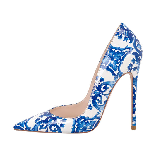 Blue and White Pattern Pointed Toe Pumps - Onlymaker