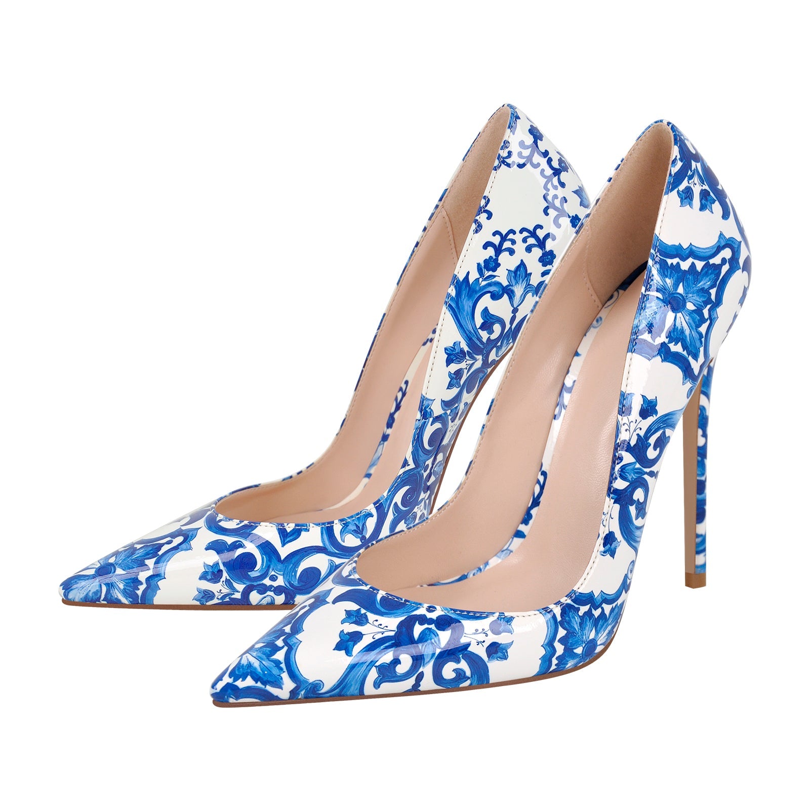 Blue and White Pattern Pointed Toe Pumps - Onlymaker