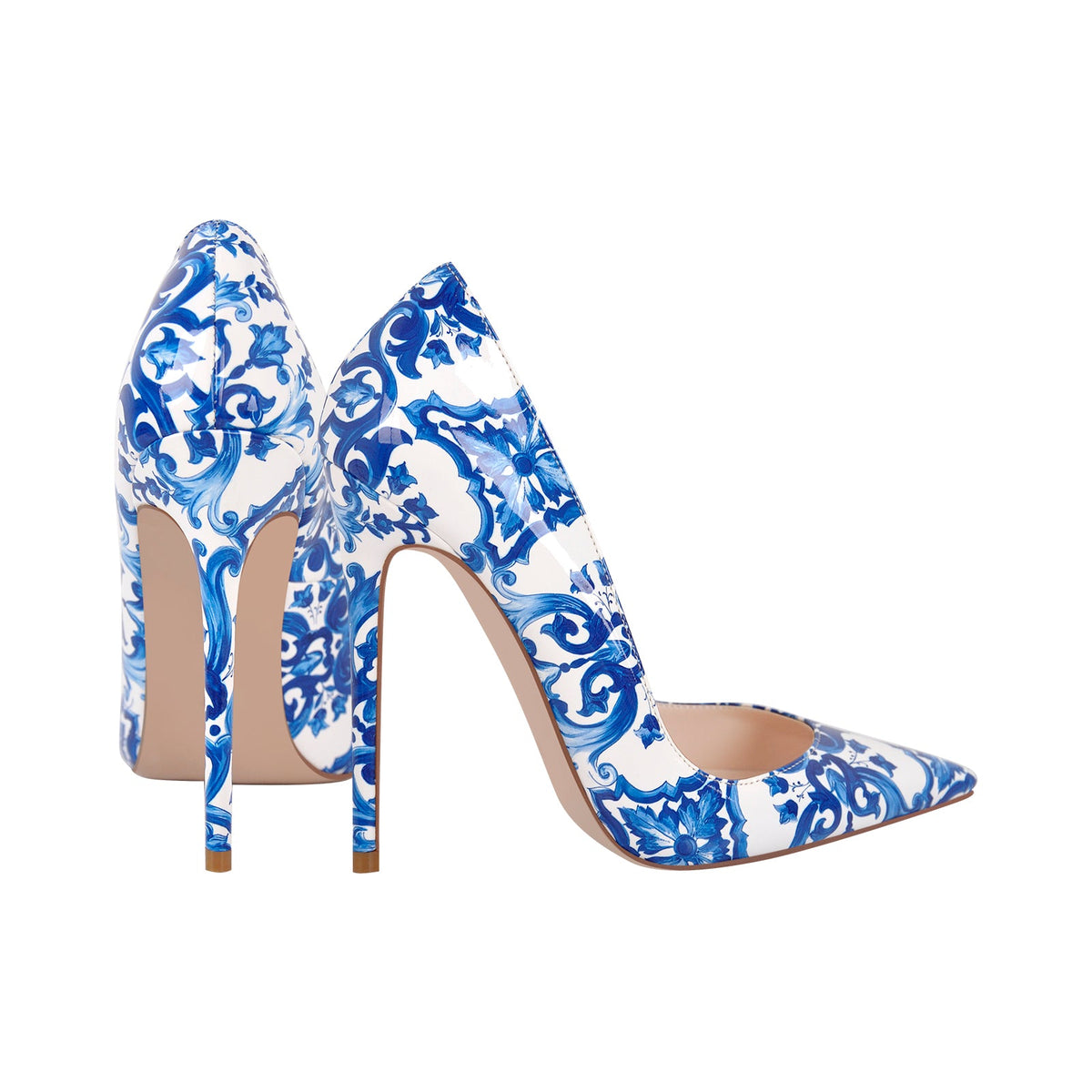 Blue and White Pattern Pointed Toe Pumps - Onlymaker