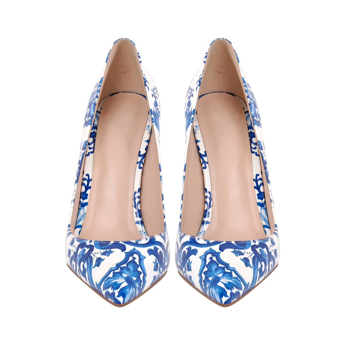 Blue and White Pattern Pointed Toe Pumps - Onlymaker