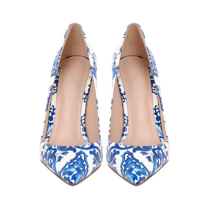 Blue and White Pattern Pointed Toe Pumps - Onlymaker