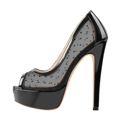 Peep Toe Black Platform Grid High Heel Stiletto Pumps - Onlymaker